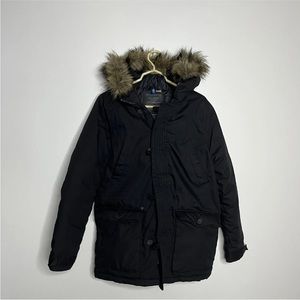 H&M Black Puffer Coat Parka Mens Faux Fur Winter Size Small